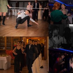 FotoKamilaSzymkowiak - Kolaż z imprezy: limbo, para w tańcu, goście wchodzący na salę, rozmowy. Różne ujęcia i oświetlenie, od jasnego po dyskotekowe.