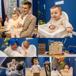 FotoKamilaSzymkowiak - Kolaż z uroczystości chrztu: ojciec z córką, tort z krzyżem, dziecko w krzesełku, chłopiec z tacą, radosne chwile. Dominują biele i pastele, niebieskie akcenty.