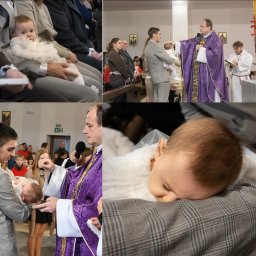 FotoKamilaSzymkowiak - Mozaika zdjęć z uroczystości chrztu: dziecko na rękach, ksiądz udzielający sakramentu, zbliżenie śpiącego dziecka. Dominują stonowane barwy i naturalne światło.