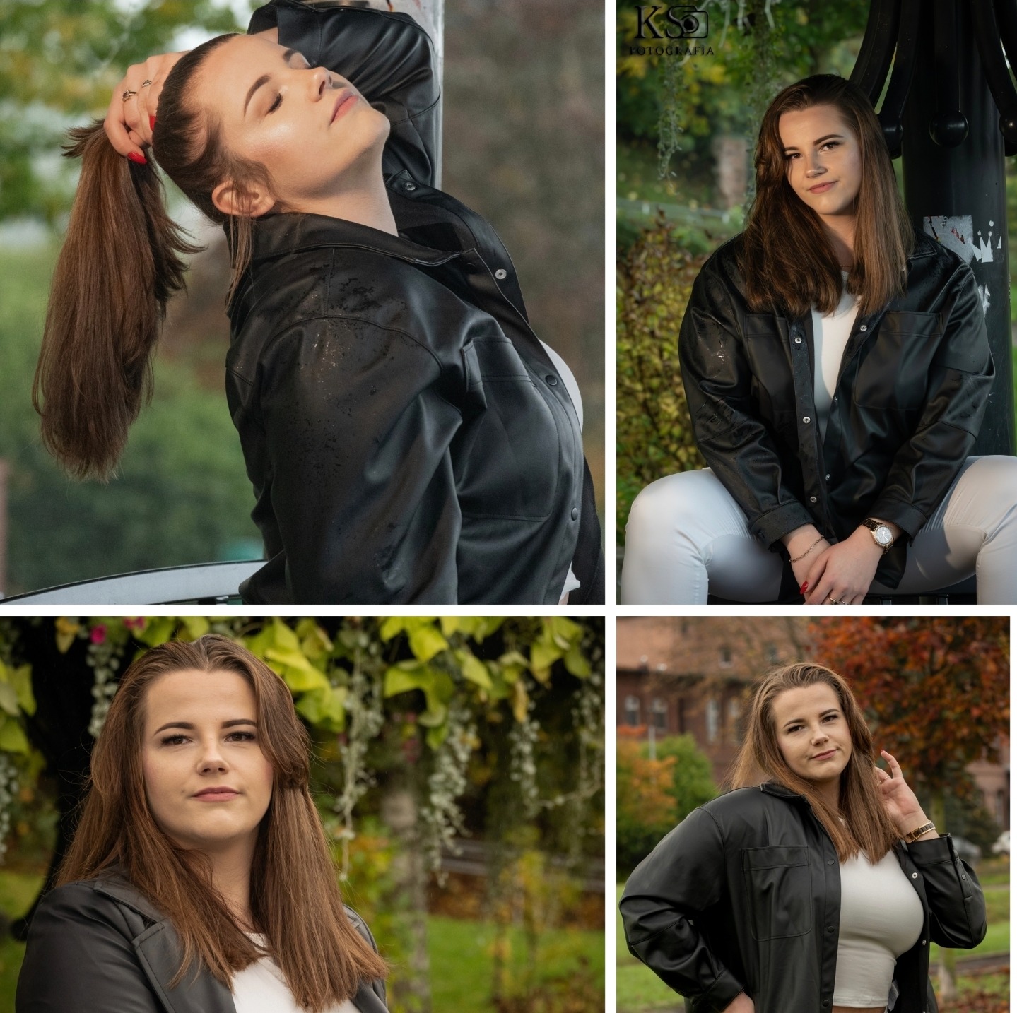 Kolaż portretowy młodej kobiety w czarnej koszuli, prezentujący różne ujęcia i pozy na tle zieleni. Uwagę zwraca naturalne światło i swobodna stylizacja.