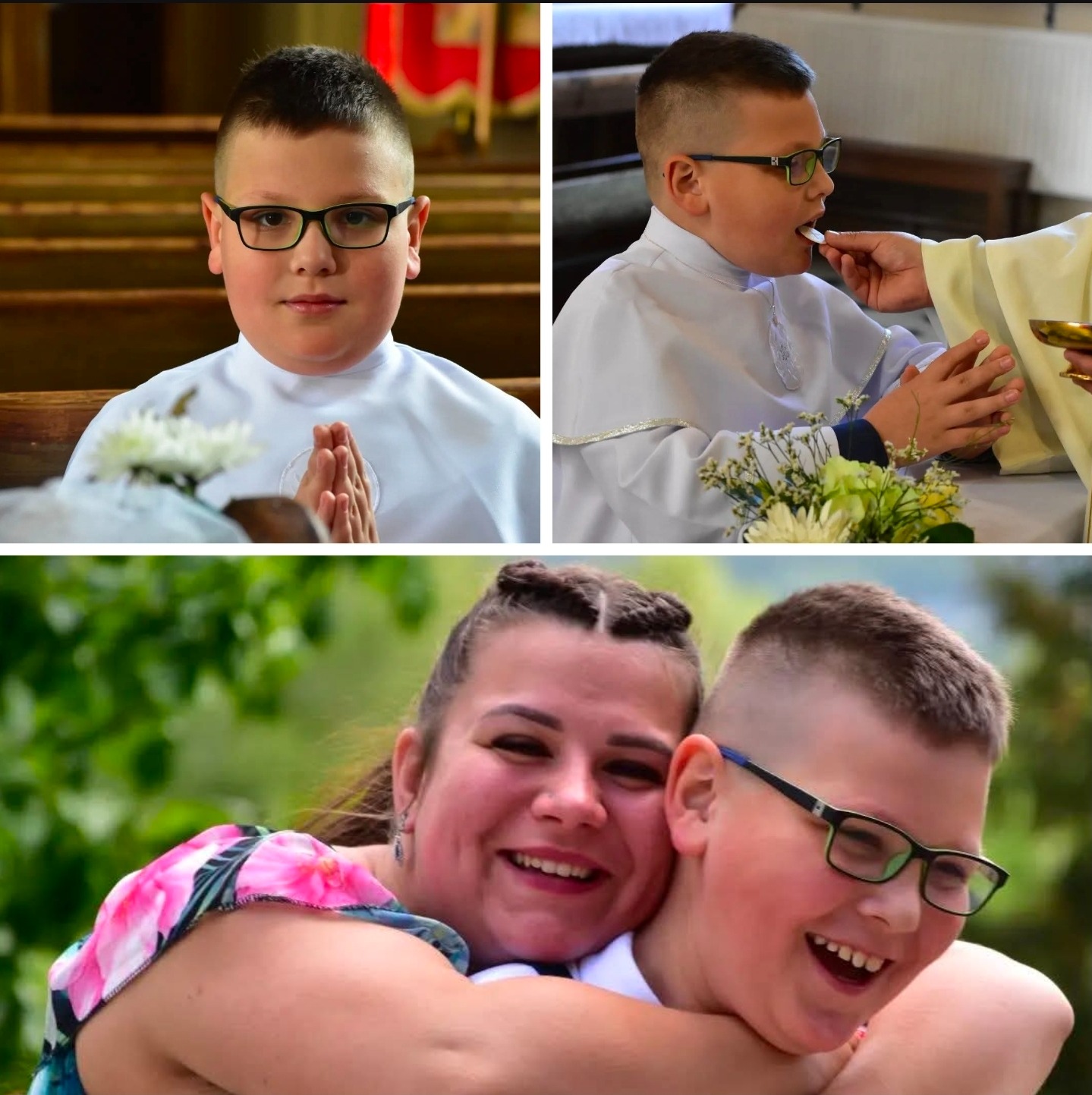 Kolaż: Chłopiec w stroju komunijnym, modlitwa w kościele, przyjmowanie komunii, uśmiechnięty z mamą na tle zieleni. Radosne wspomnienia z uroczystości.