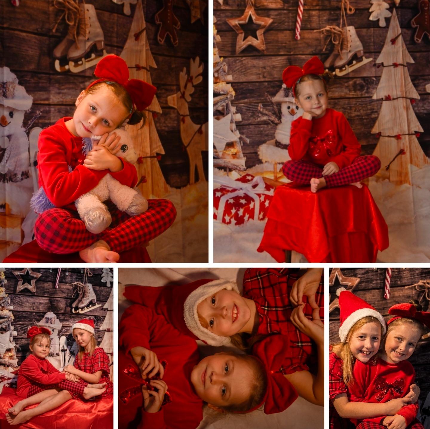 Kolaż świątecznych portretów dzieci w czerwonych strojach na tle dekoracji bożonarodzeniowych. Dziewczynki w różnych pozach, uśmiechnięte, wesołe, z rekwizytami.