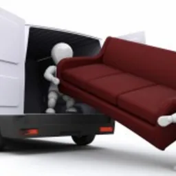 Animowana postać wnosi bordową sofę do białego furgonetki, sugerując przeprowadzkę lub opróżnianie mieszkania.