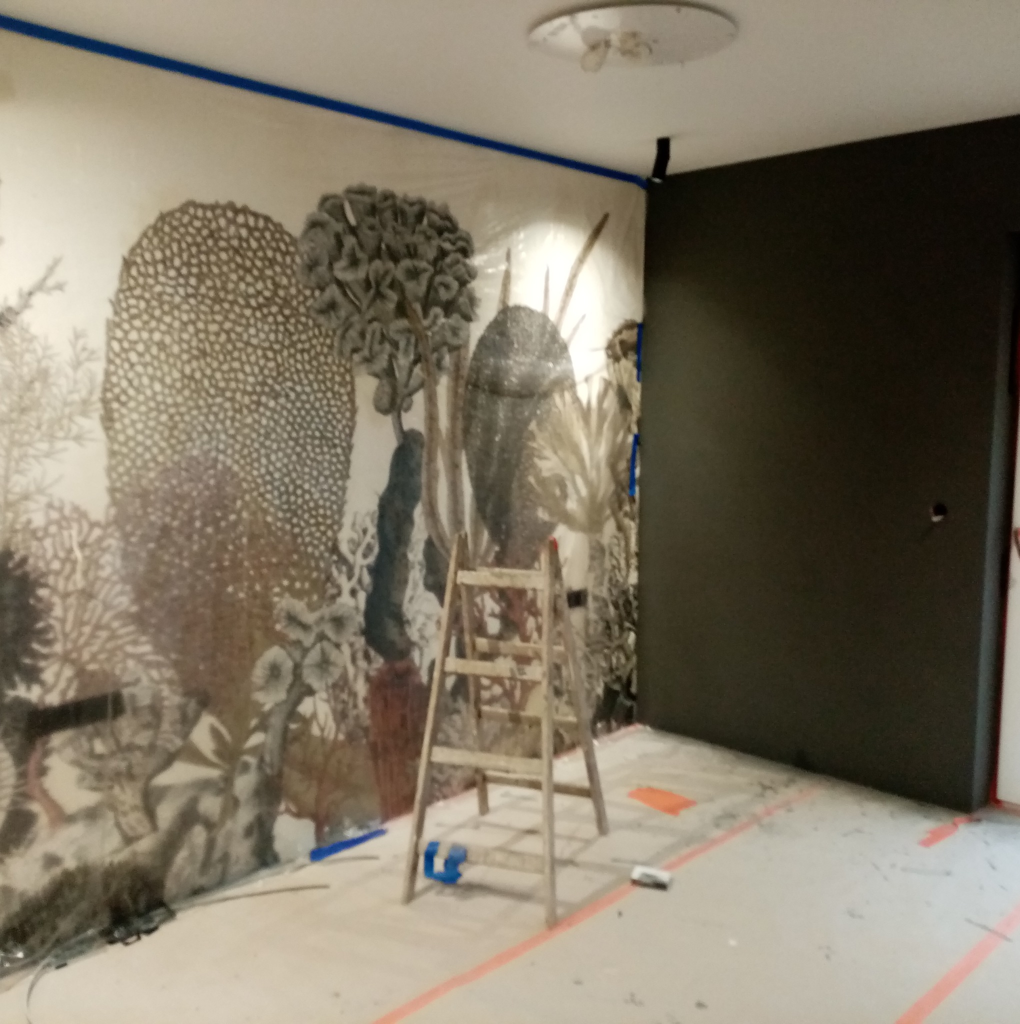 Pokój w trakcie malowania z motywem roślinnym na ścianie. Widoczna drabina, taśmy malarskie i częściowo pomalowana ściana na ciemny kolor. Prace wykończeniowe.