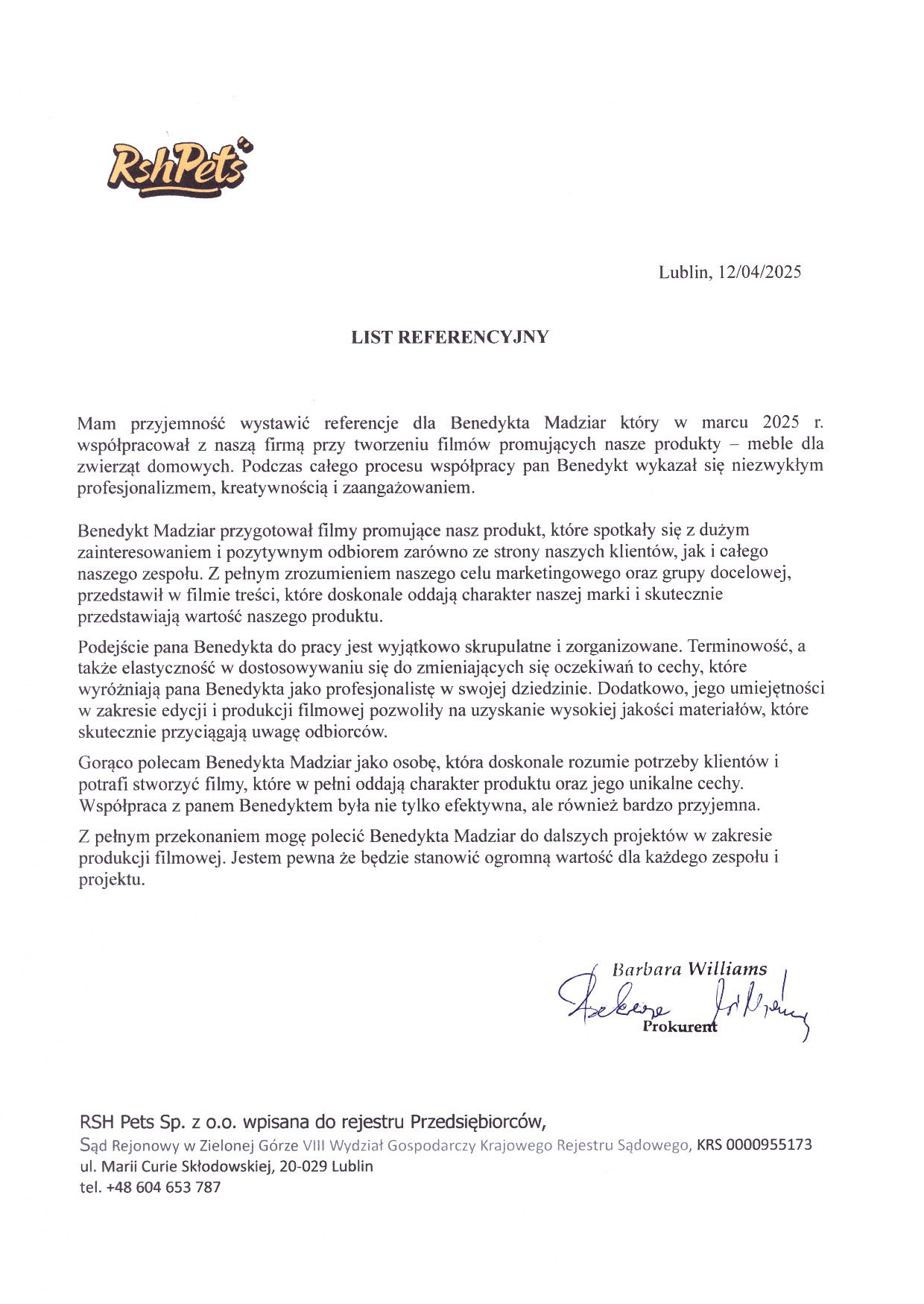 Referencje od Klienta za zrealizowany projekt (2 filmy promujące)