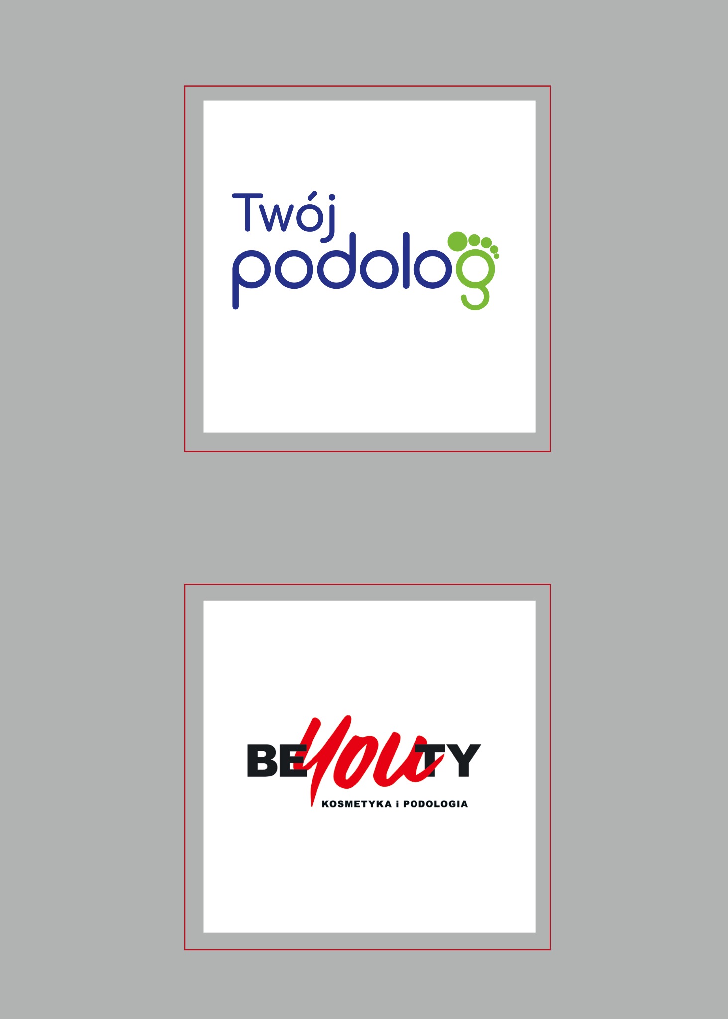 Dwa logotypy: 'Twój podolog' z zieloną stopą i 'BeYouty Kosmetyka i Podologia' w czerni i czerwieni, na białych kwadratach, na szarym tle.