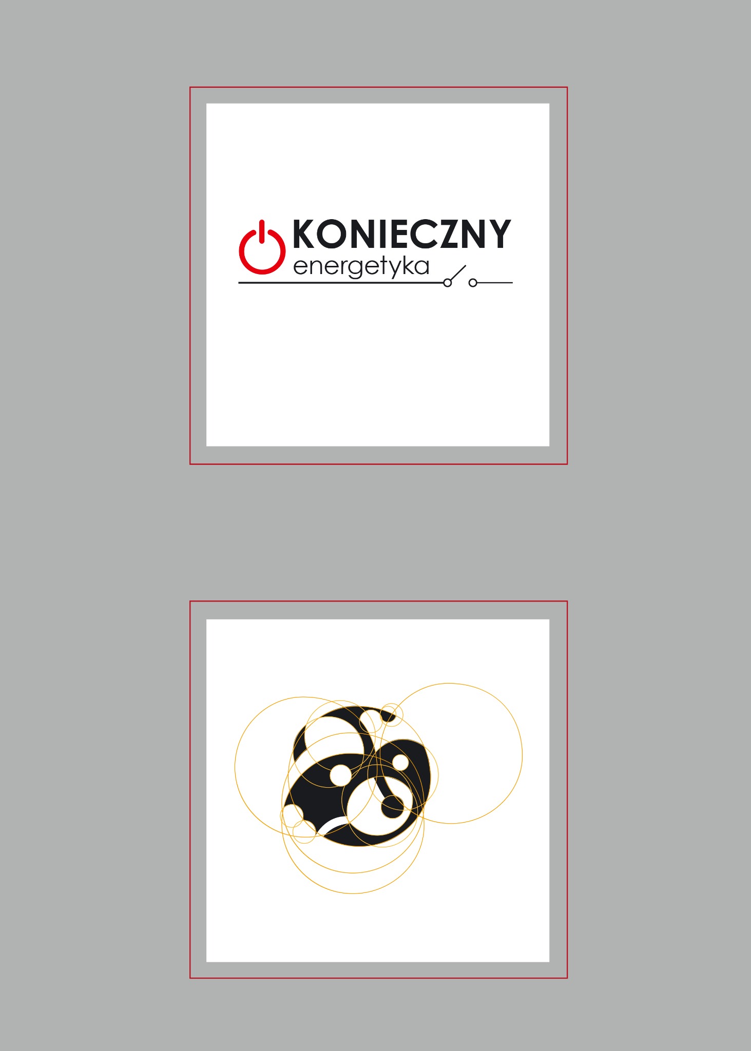 Dwa logotypy w czerwonych ramkach na szarym tle. Górny logotyp 'Konieczny energetyka' z symbolem włącznika. Dolny logotyp abstrakcyjny, czarno-złoty, przypominający yin i yang.