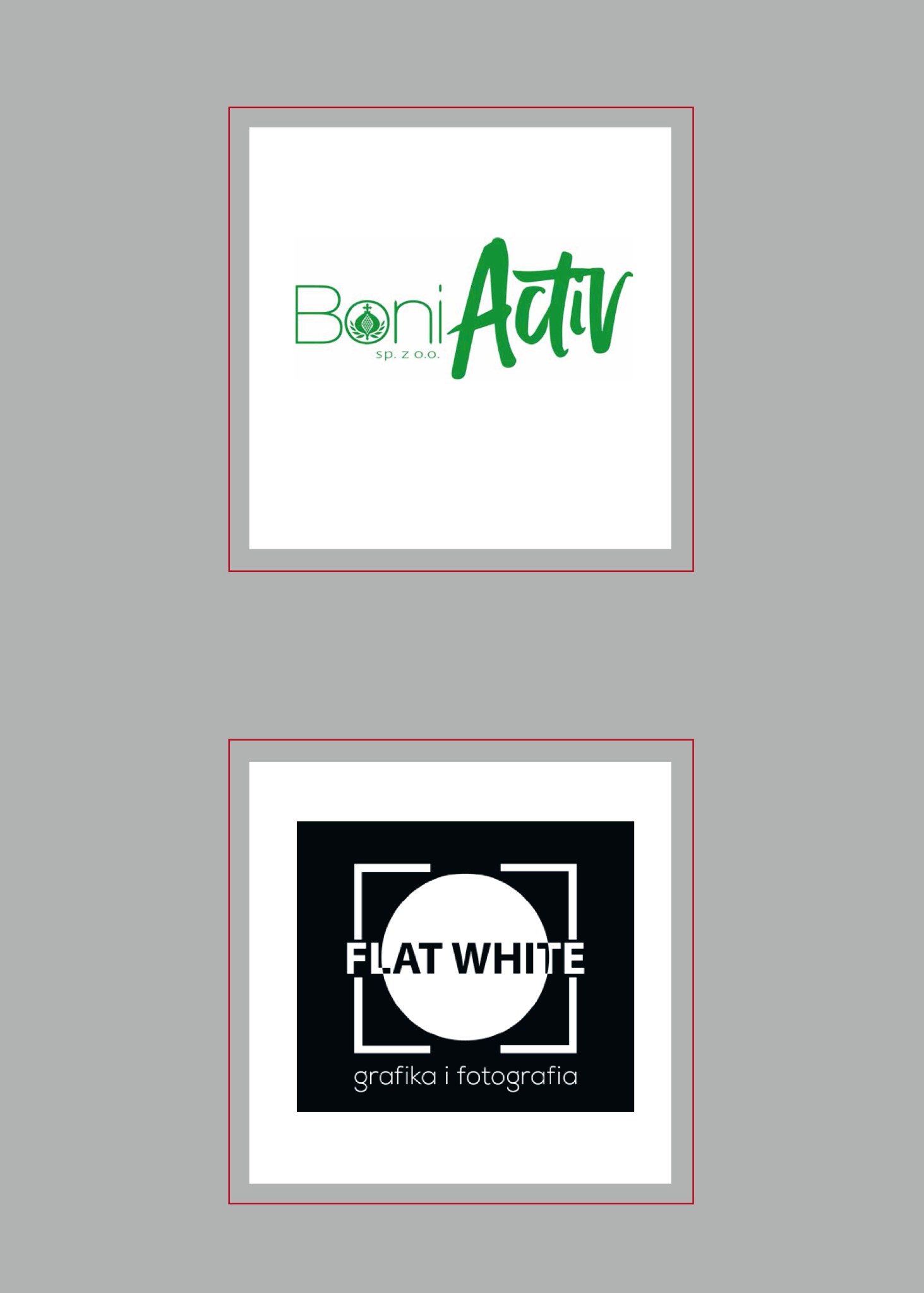 Dwa logotypy: zielony 'Boni Activ' i czarno-biały 'Flat White grafika i fotografia', prezentowane w Krakowie. Minimalistyczny design, wyraźna typografia.