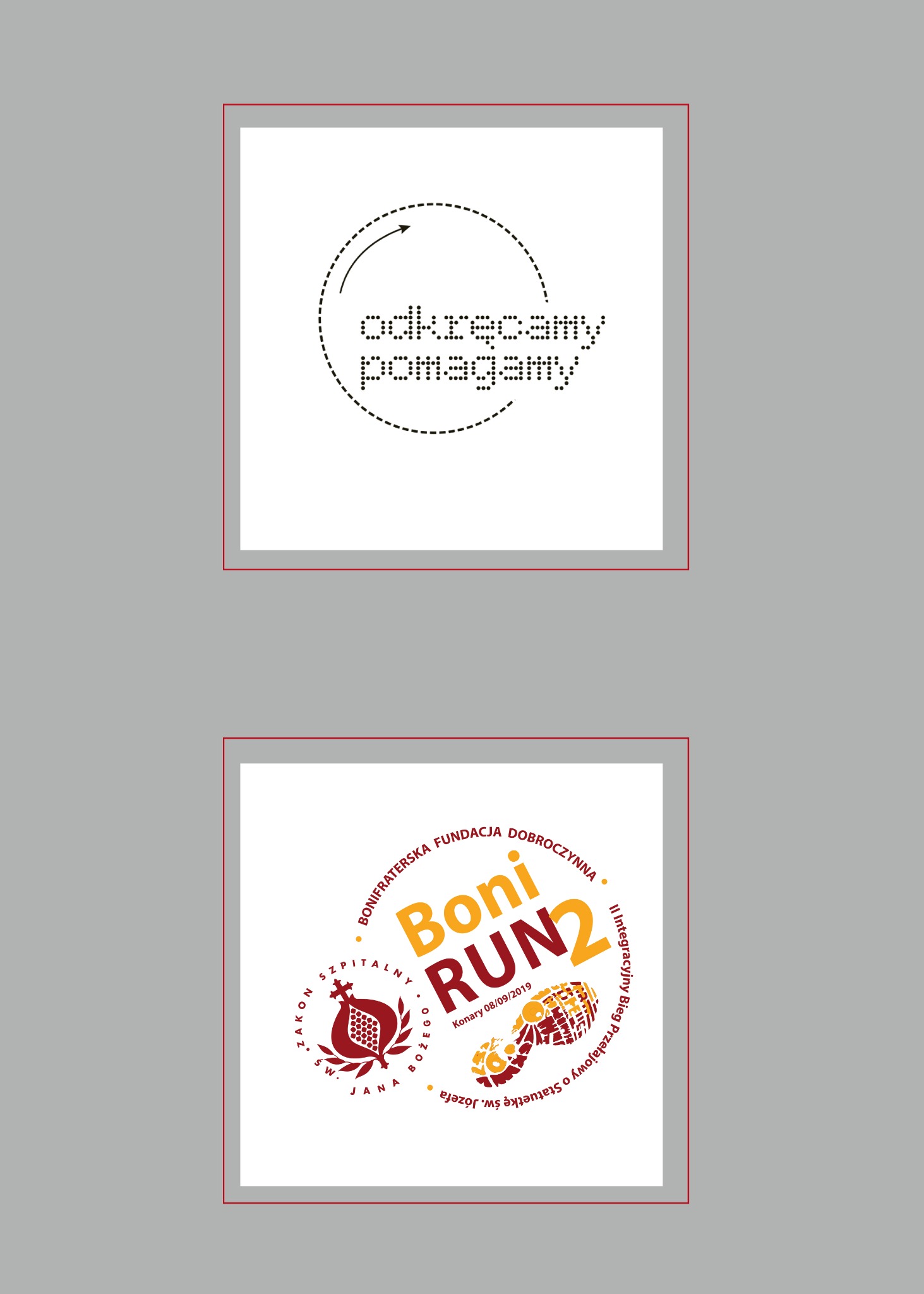 Dwa logotypy: górny z napisem 'odkręcamy pomagamy' w okręgu z kropek, dolny 'Boni RUN2' z grafiką śladu buta i nazwą fundacji. Grafika w kolorach czerwieni, pomarańczy i brązu.