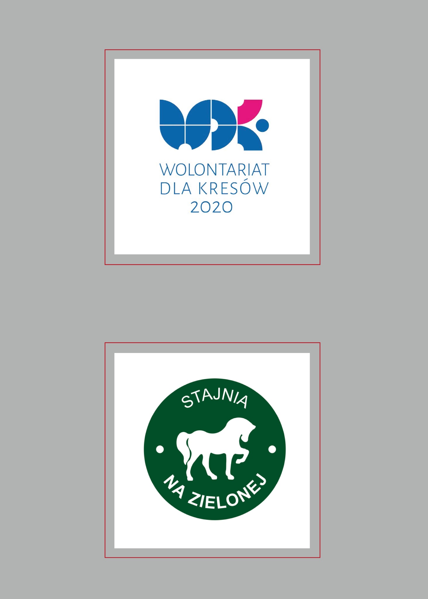 Dwa logotypy: 'Wolontariat dla Kresów 2020' w niebiesko-różowej kolorystyce oraz zielone logo 'Stajnia na Zielonej' z sylwetką konia.
