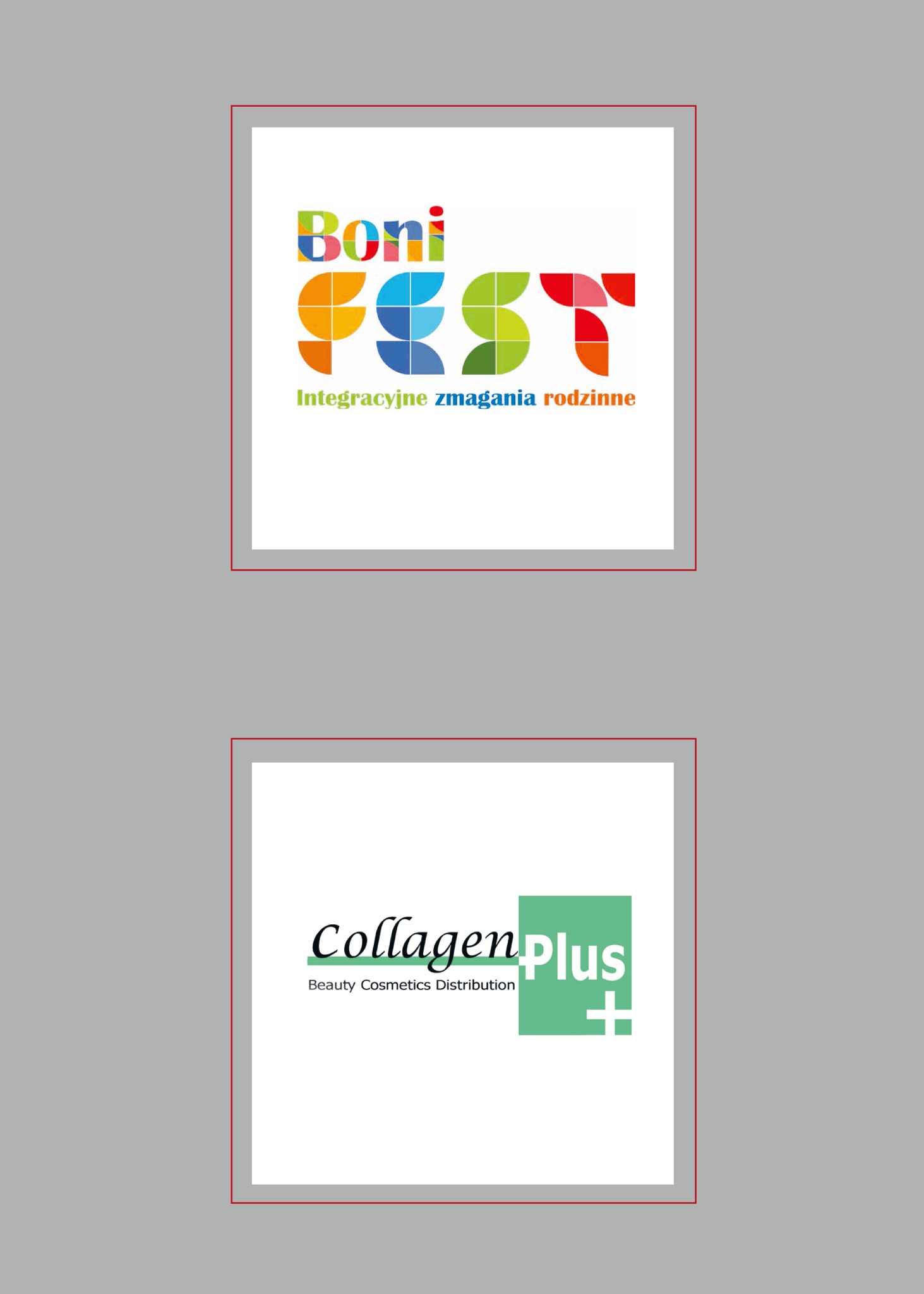 Dwa logotypy: kolorowy 'Boni Fest' z hasłem i zielony 'Collagen Plus' z symbolem plusa, na białym tle. Grafika prezentuje projekty identyfikacji wizualnej.