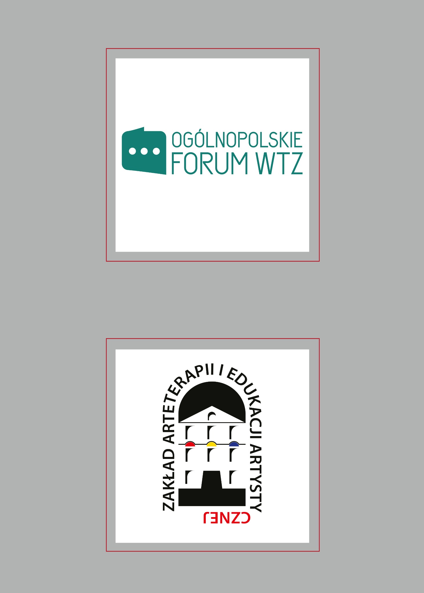 Dwa logotypy: zielony 'Ogólnopolskie Forum WTZ' i czarno-biały 'Zakład Arteterapii i Edukacji Artysty CZNEJ' z kolorowymi akcentami, umieszczone na szarym tle.