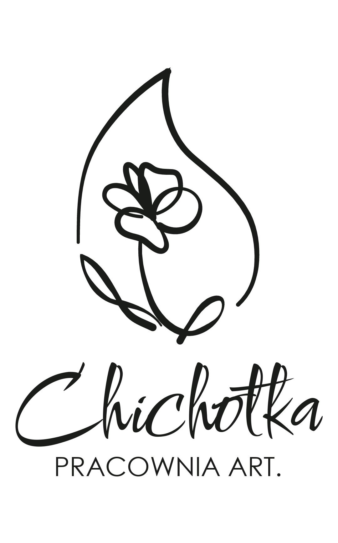 Eleganckie logo pracowni artystycznej z motywem kwiatowym i nazwą 'Chichotka' w odręcznym stylu, umieszczoną nad napisem 'Pracownia Art.'. Minimalistyczny design w czerni i bieli.