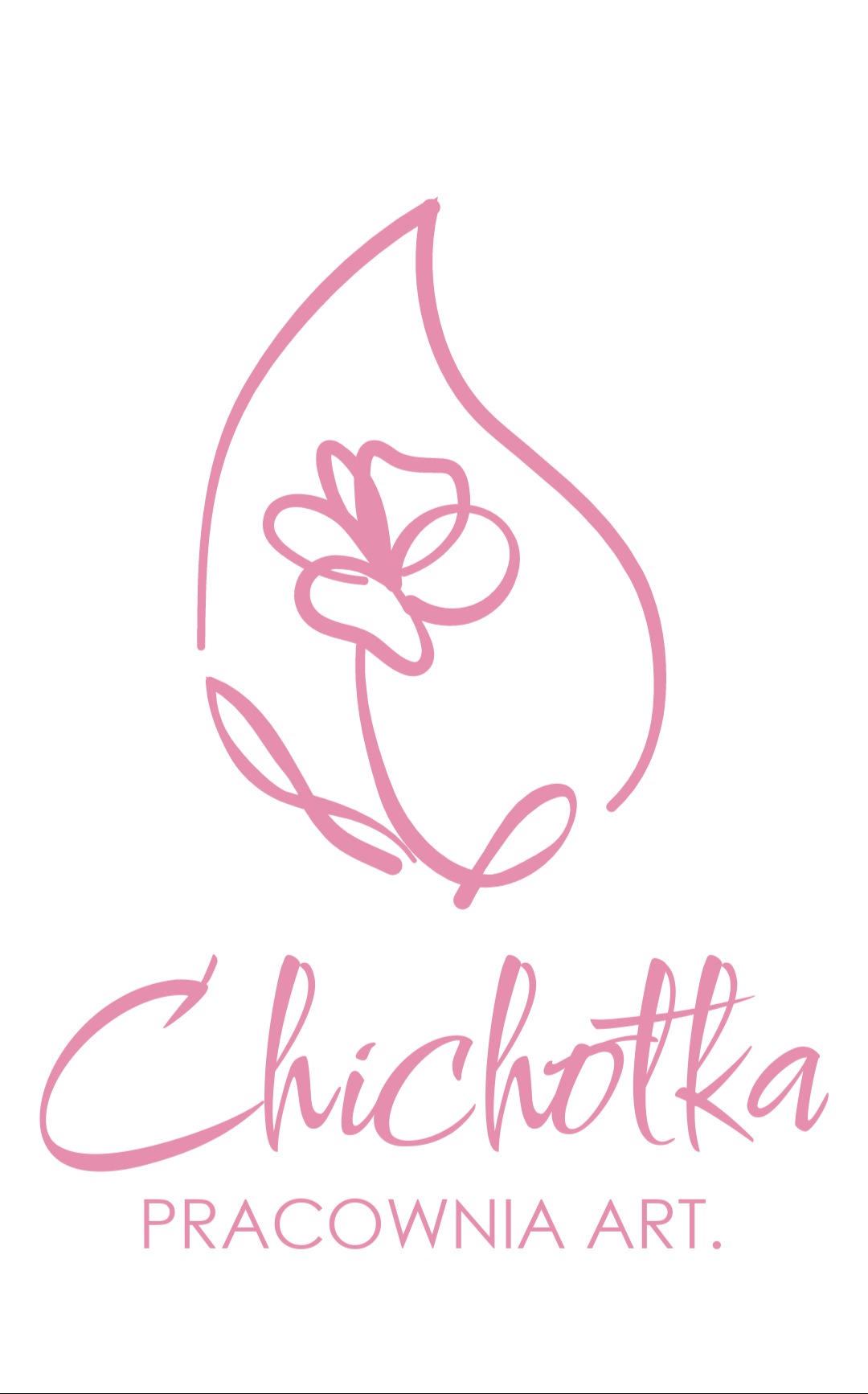 Różowy, delikatny logotyp z motywem kwiatowym i napisem 'Chichotka PRACOWNIA ART.', na białym tle. Subtelna grafika w stylu line art.