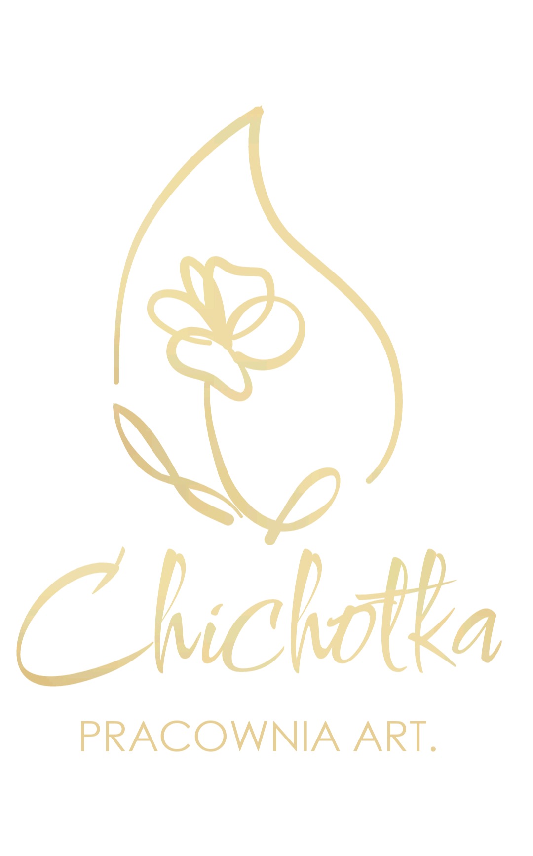 Złoty logotyp 'Chichotka PRACOWNIA ART.' z motywem kwiatowym w kształcie łzy, na białym tle. Elegancki, minimalistyczny design.