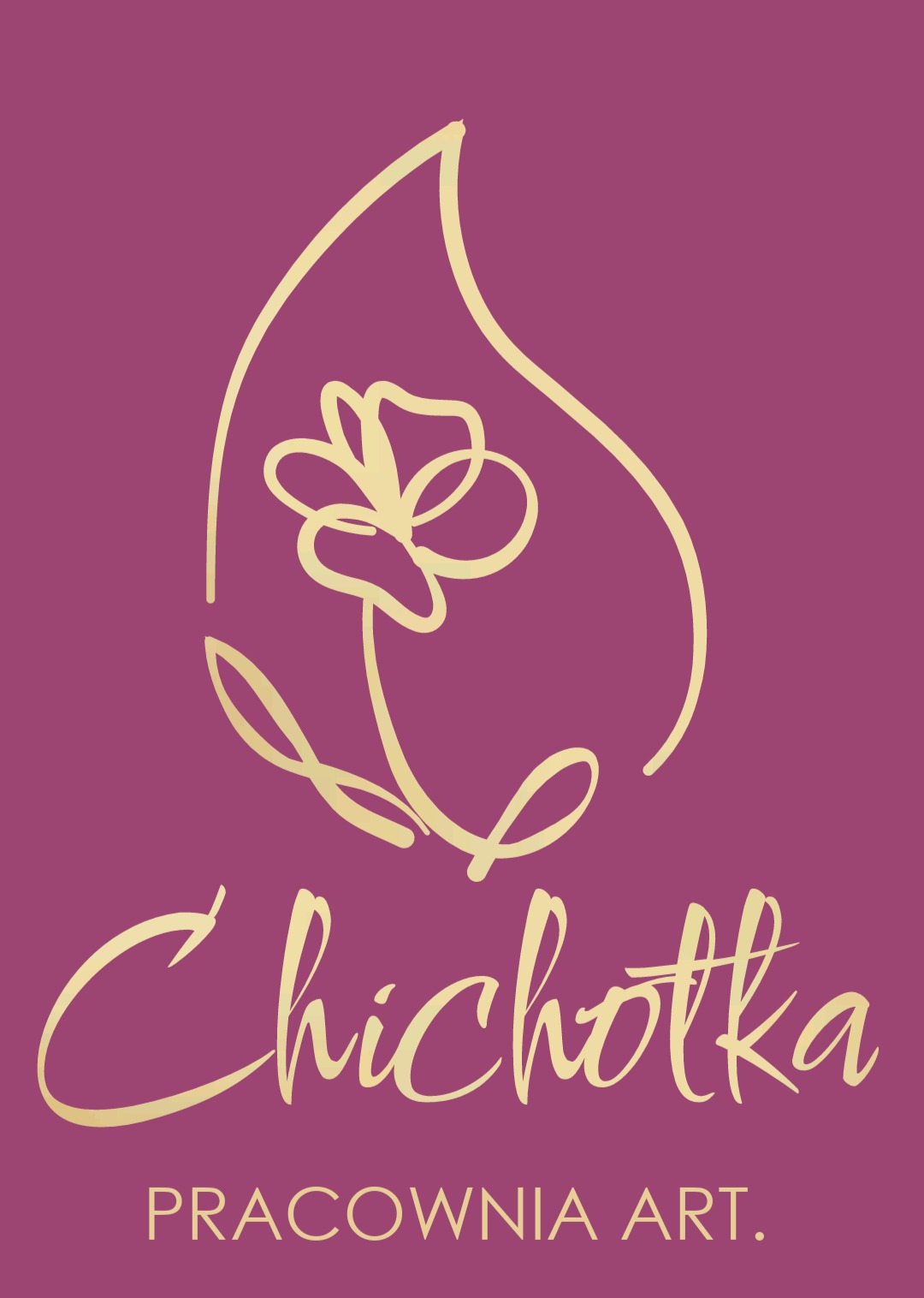 Eleganckie logo pracowni artystycznej 'Chichotka' w odcieniach złota na fioletowym tle. Stylizowany kwiat wkomponowany w nazwę firmy.