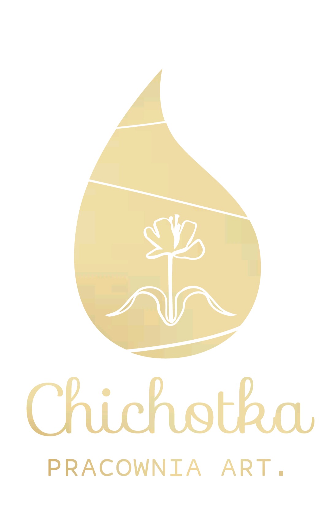 Złote logo pracowni artystycznej 'Chichotka' na białym tle. Symbolizuje kroplę z kwiatem w środku. Pod spodem nazwa firmy i dopisek 'Pracownia Art.'.