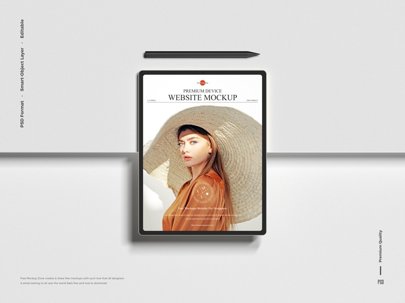 Tablet z mockupem strony internetowej prezentującej kobietę w kapeluszu, leżący na białym tle obok czarnego rysika. Widoczne logo i tekst 'Premium Device Website Mockup'.