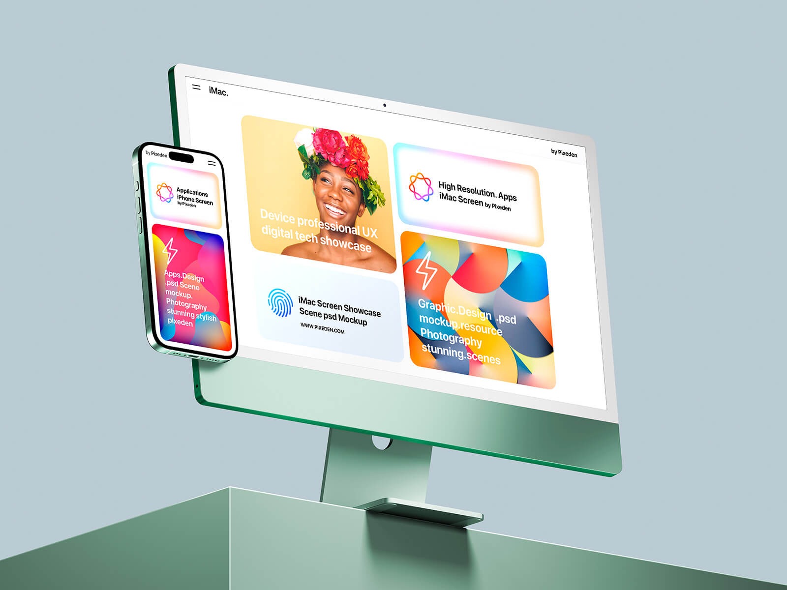 Mockup iMac i iPhone z ekranami prezentującymi projekty graficzne, aplikacje i strony internetowe. Całość w pastelowej kolorystyce, na jasnym tle.