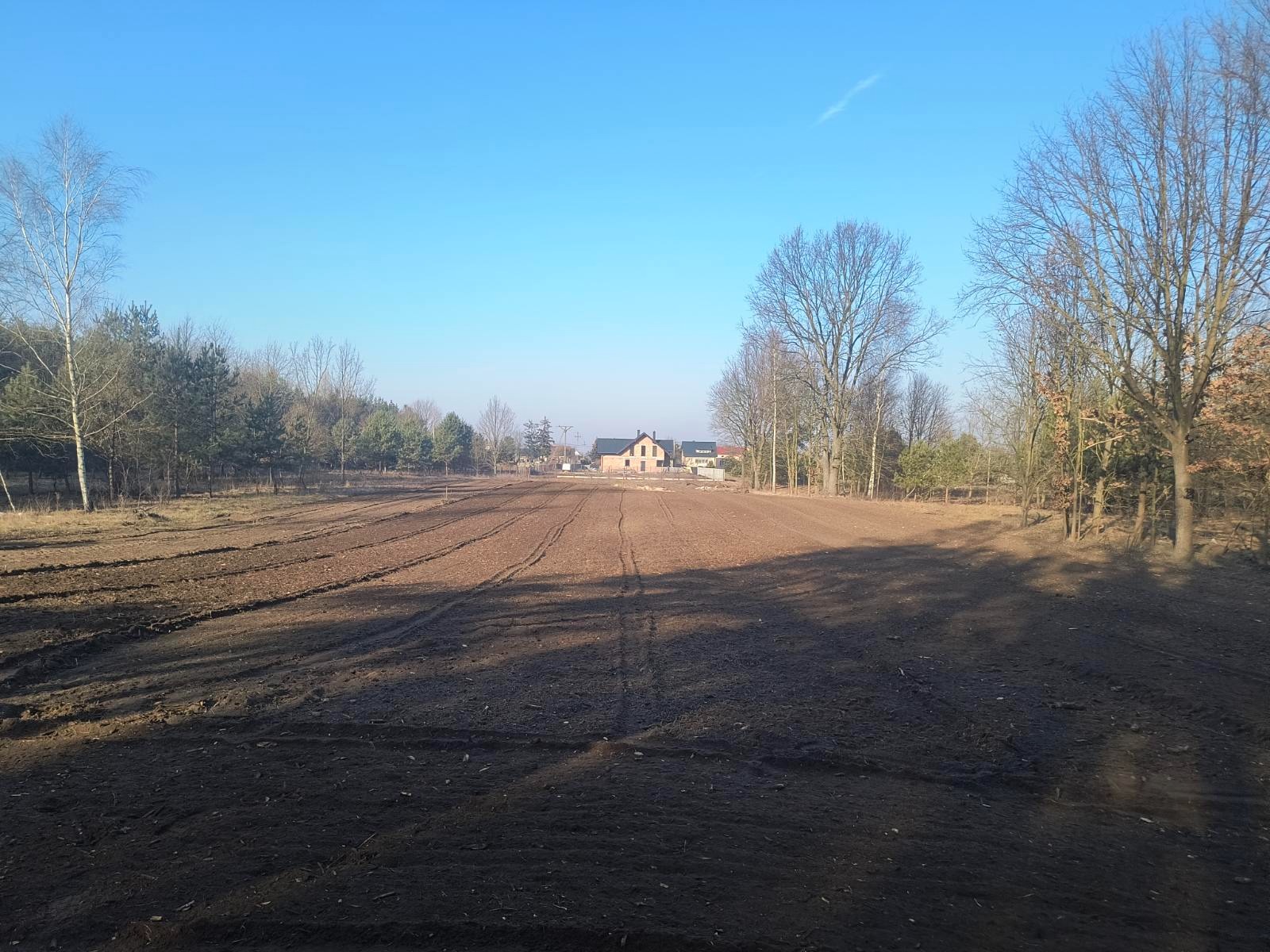 Przygotowany grunt pod zasiew trawy, widoczne ślady opon, w tle dom i drzewa bez liści, błękitne niebo. Jesienne słońce oświetla pole.