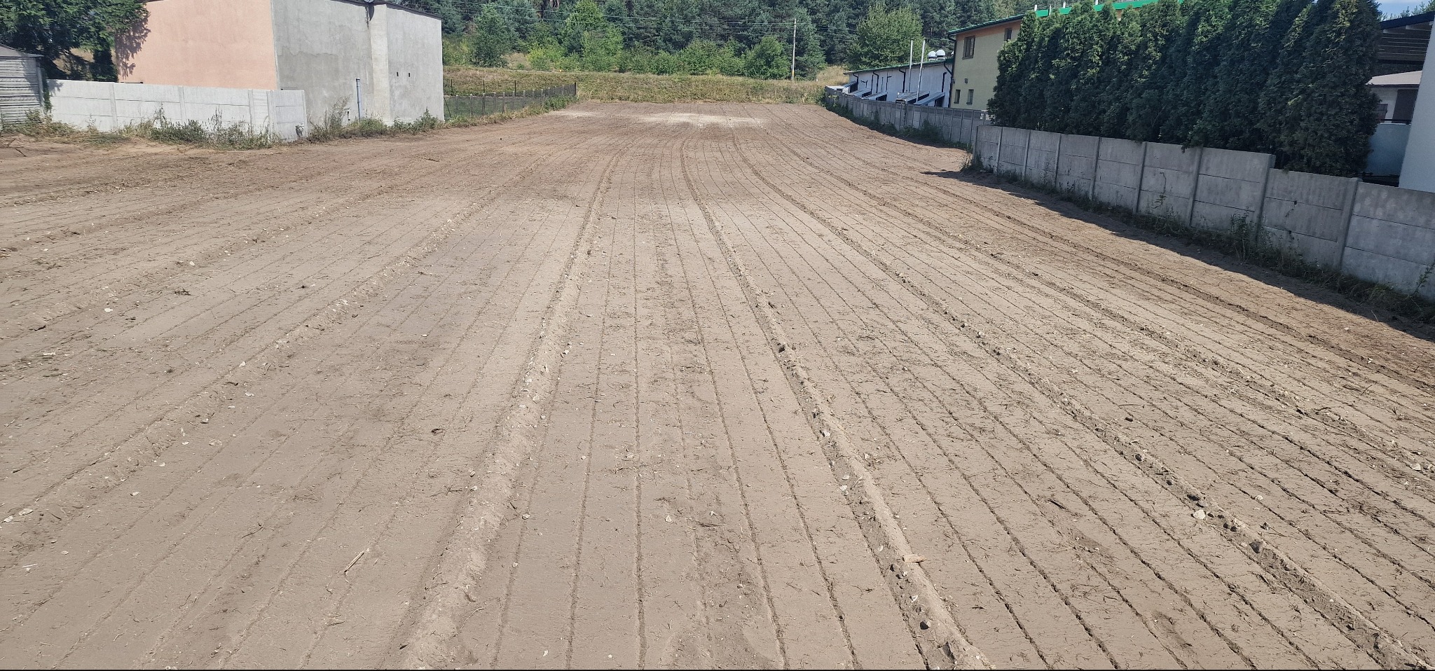 Przygotowany, wyrównany teren pod trawnik z widocznymi śladami po maszynach. W tle budynki mieszkalne i drzewa. Grunt w kolorze brązowym.