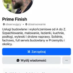 Profil firmy budowlanej: mężczyzna w profilu z narzędziami w tle, logo 'Prime Finish', oferta usług: szpachlowanie, malowanie, remonty łazienek i inne.
