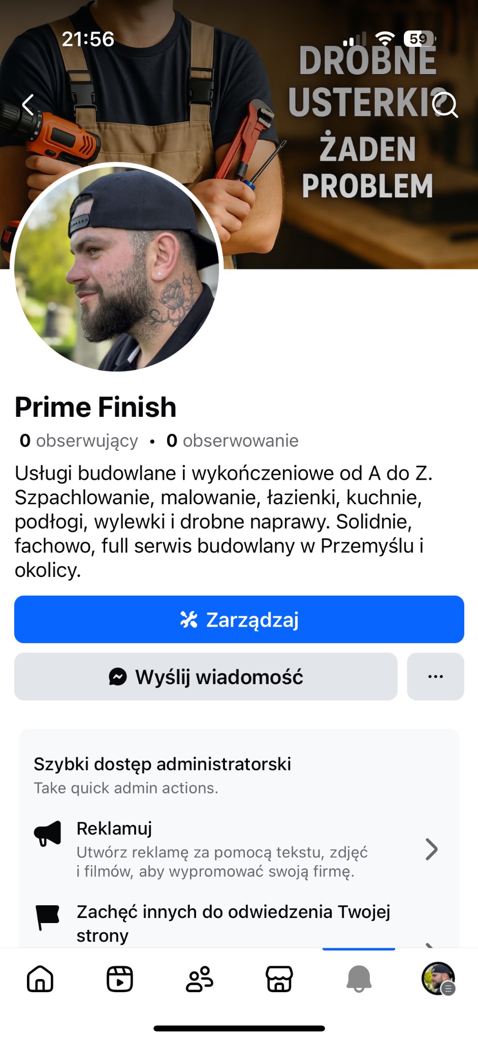 Profil firmy budowlanej: mężczyzna w profilu z narzędziami w tle, logo 'Prime Finish', oferta usług: szpachlowanie, malowanie, remonty łazienek i inne.