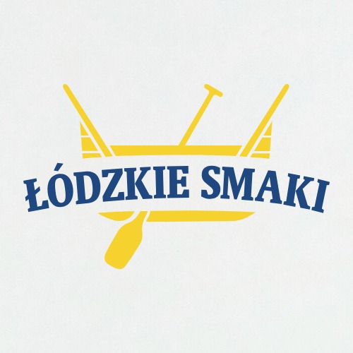 Żółto-granatowe logo 'Łódzkie Smaki' z motywem łodzi i wiosła na białym tle, nawiązujące do lokalnej gastronomii i tradycji kulinarnej.