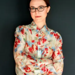 Portret kobiety w okularach, adwokat ze Śremu, w bluzce w kwiaty, z założonymi rękami na tle ciemnej ściany. Profesjonalny wizerunek prawnika.