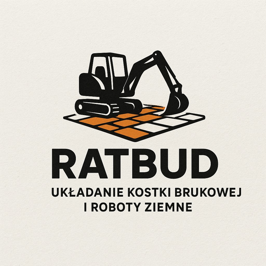 Ilustracja: Czarny minikoparka na pomarańczowo-białej kostce, nad napisem 'RATBUD' i tekstem 'Układanie kostki brukowej i roboty ziemne'.