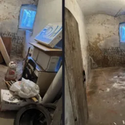 Porównanie stanu piwnicy przed i po opróżnianiu: zagracone pomieszczenie z oknem kontra pusta przestrzeń z resztkami gruzu na podłodze i narzędziami opartymi o ścianę.