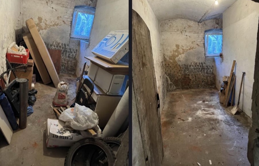 Porównanie stanu piwnicy przed i po opróżnianiu: zagracone pomieszczenie z oknem kontra pusta przestrzeń z resztkami gruzu na podłodze i narzędziami opartymi o ścianę.