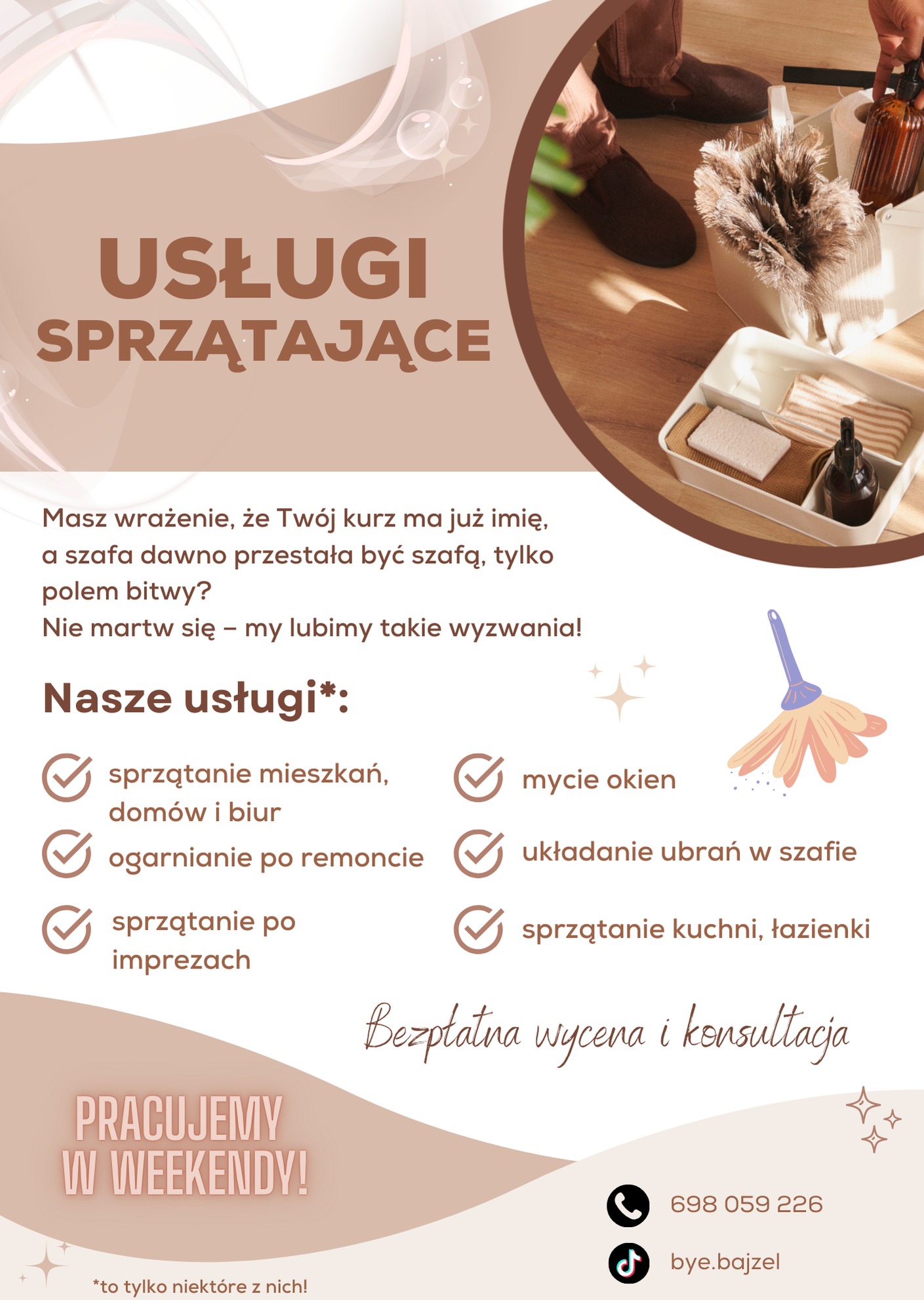 Grafika reklamowa usług sprzątających: mieszkania, biura, po remoncie, mycie okien, układanie ubrań, sprzątanie kuchni i łazienki. Pracujemy w weekendy. Darmowa wycena.