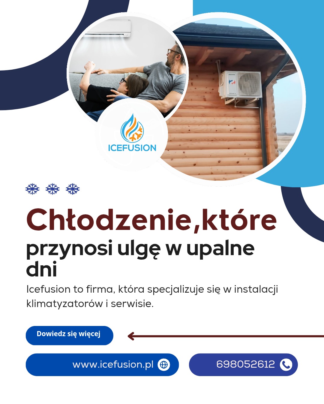 Grafika reklamowa: klimatyzacja domowa i na zewnątrz. Para relaksuje się w chłodnym salonie, a na zewnątrz klimatyzator zamontowany na drewnianej elewacji.