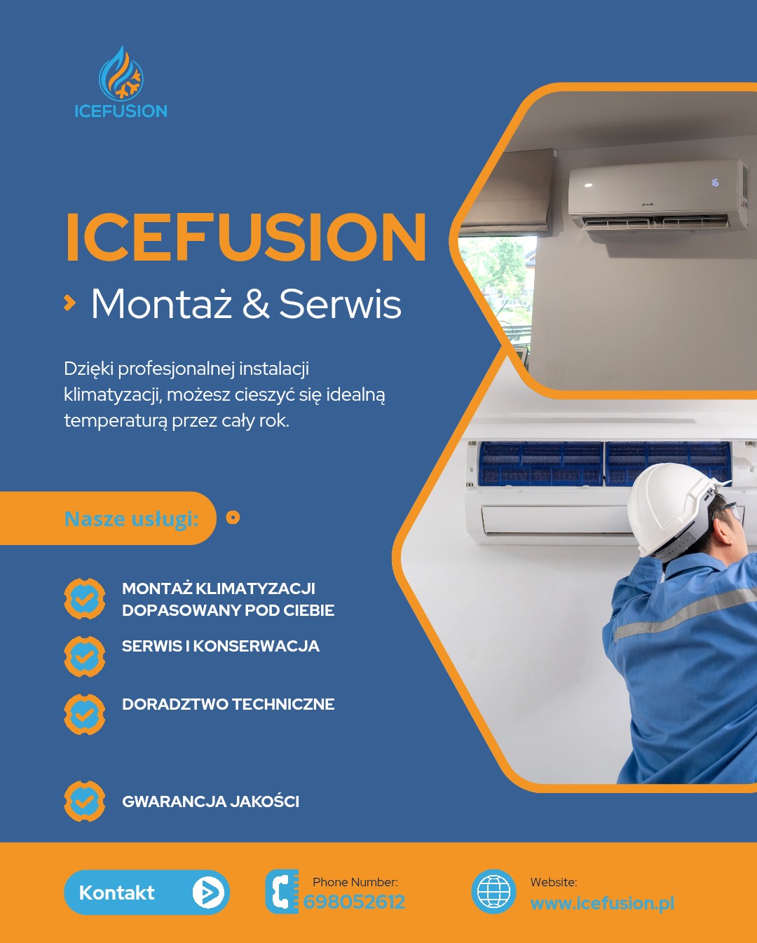 Grafika reklamowa: montaż i serwis klimatyzacji Icefusion. Instalator w kasku serwisuje klimatyzator. Usługi: montaż, serwis, doradztwo, gwarancja. Kontakt i www.