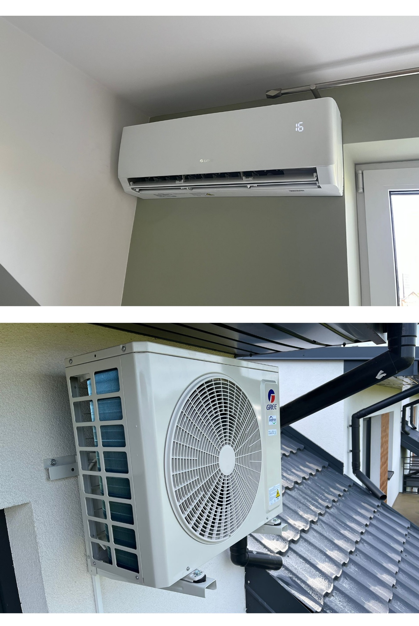 Biała klimatyzacja Gree: jednostka wewnętrzna na ścianie w pokoju i zewnętrzna na elewacji domu, widoczne detale montażu.