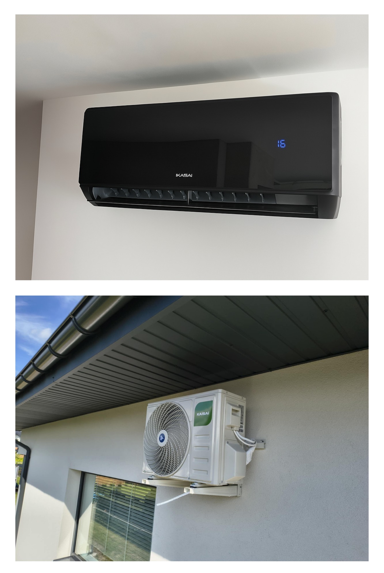 Czarna klimatyzacja Kaisai zamontowana wewnątrz, z jednostką zewnętrzną widoczną na elewacji budynku. Nowoczesny design i funkcjonalność w jednym.