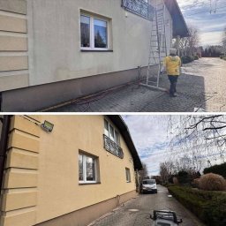 Czysta hata - Zdjęcie elewacji domu przed i po myciu. Na górze widoczne zabrudzenia, na dole czysta, odświeżona powierzchnia. Pracownik z drabiną i sprzętem.