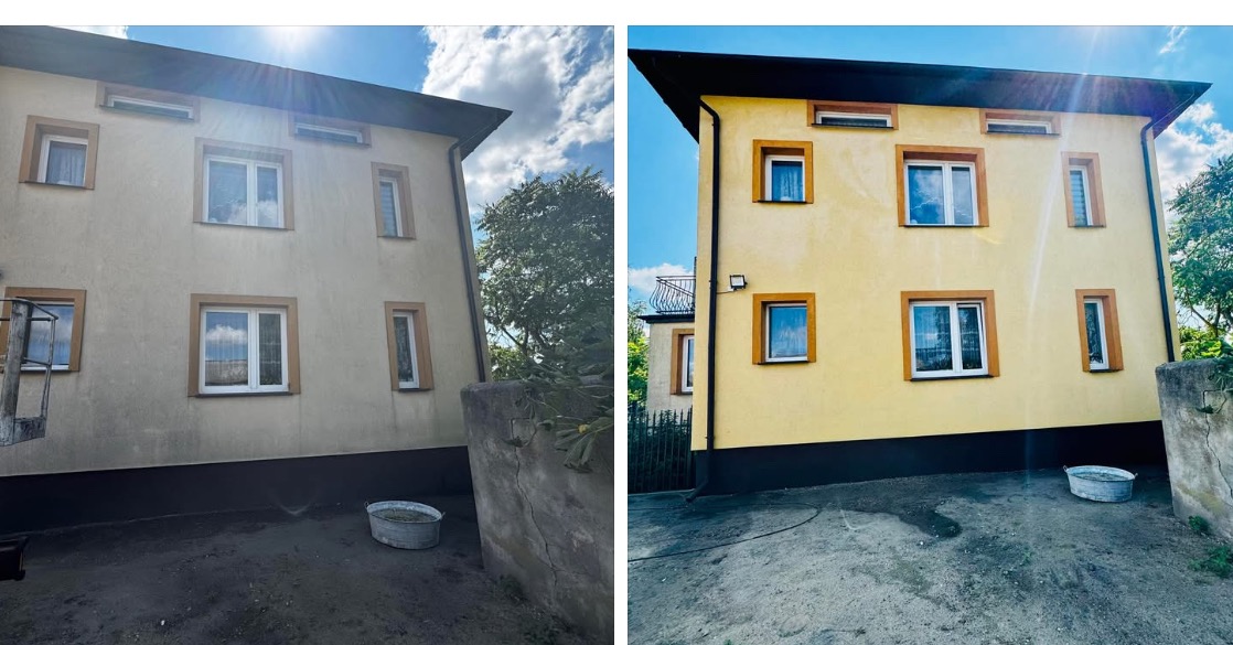 Zdjęcie 'przed i po' mycia elewacji budynku. Po lewej brudna elewacja, po prawej czysta, żółta elewacja. Widoczne okna z brązowymi ramami i fragment nieba.