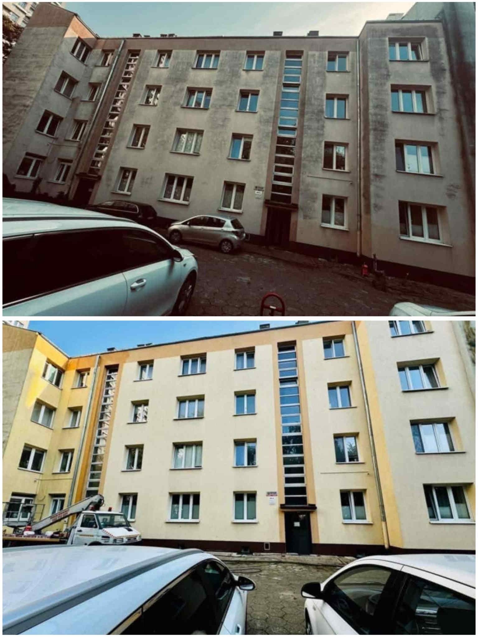 Zdjęcie 'przed i po' przedstawia blok mieszkalny z szarą elewacją przed odnowieniem i odnowioną, beżową elewacją z żółtymi akcentami. Widoczny podnośnik koszowy.