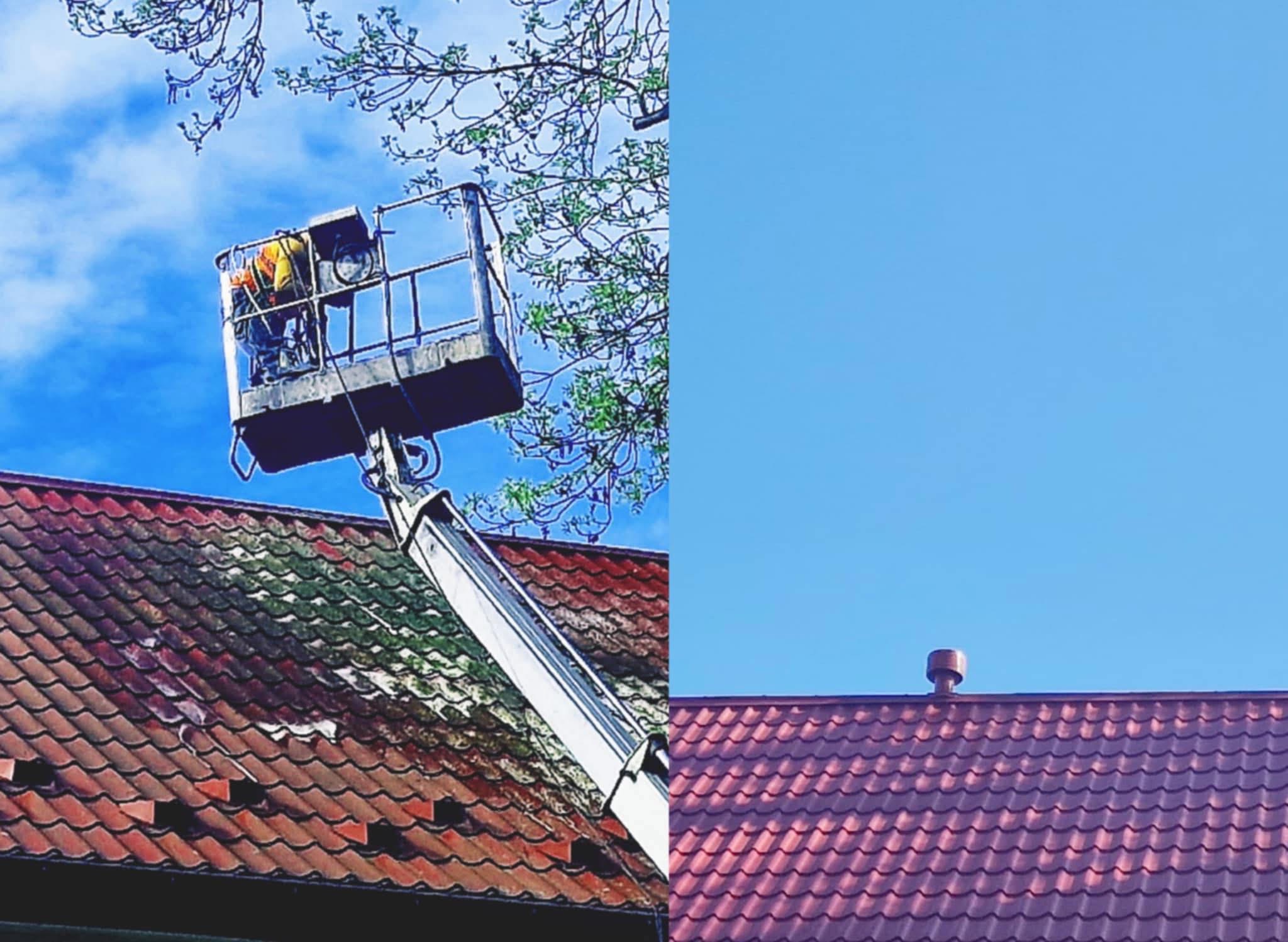 Efekt przed i po czyszczenia dachu w Warszawie. Po lewej dach pokryty mchem, po prawej czysty, czerwony dach widziany z dołu.