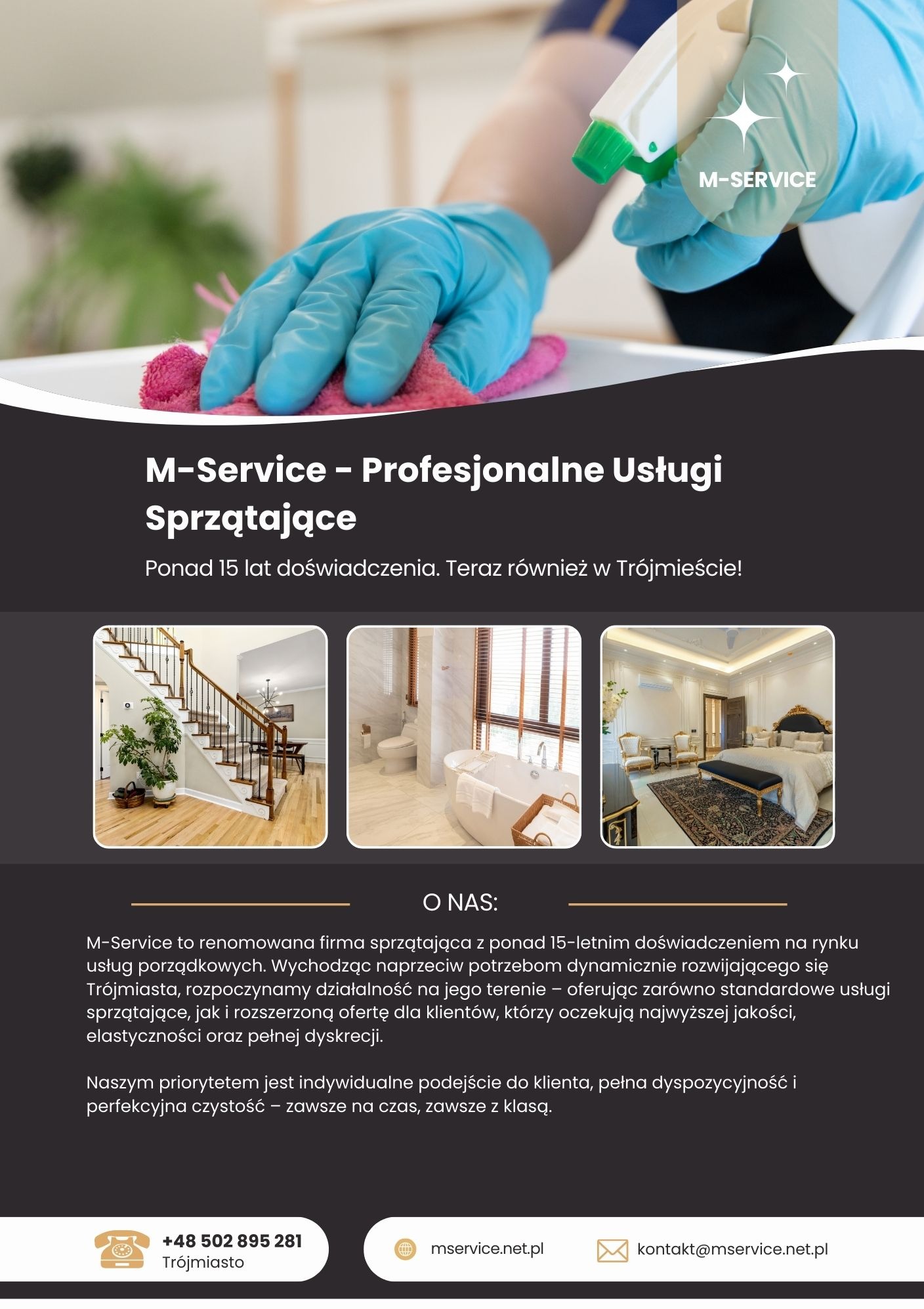 Ręka w niebieskiej rękawicy czyści powierzchnię różową ściereczką i spryskiwaczem, logo firmy M-Service. Grafika reklamowa usług sprzątania.