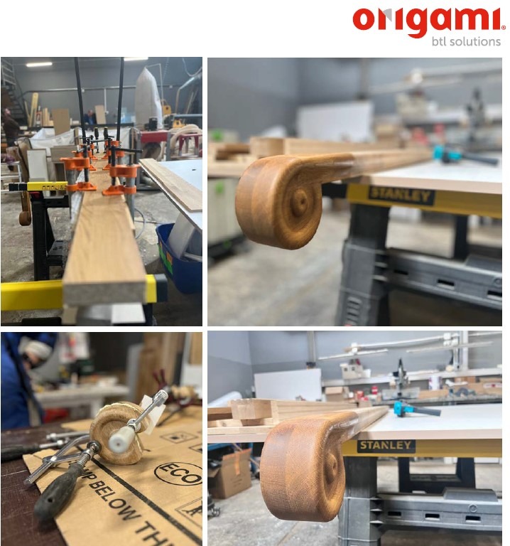 Drewniany element balustrady w trakcie obróbki w warsztacie stolarskim. Widoczne narzędzia i klamry mocujące. Detal snycerski z bliska, ukazujący spiralne zakończenie.