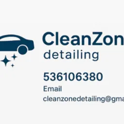 Logo CleanZone detailing: sylwetka auta, gwiazdki, dane kontaktowe (numer telefonu, adres e-mail). Minimalistyczny design na jasnym tle.