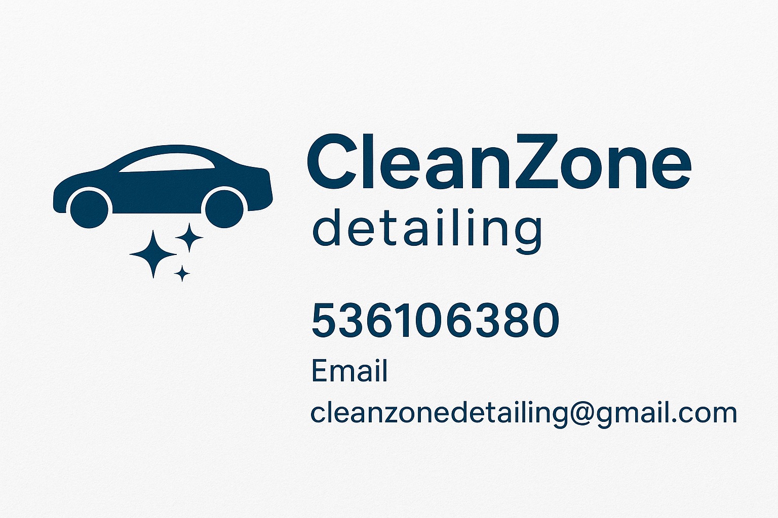 Logo CleanZone detailing: sylwetka auta, gwiazdki, dane kontaktowe (numer telefonu, adres e-mail). Minimalistyczny design na jasnym tle.