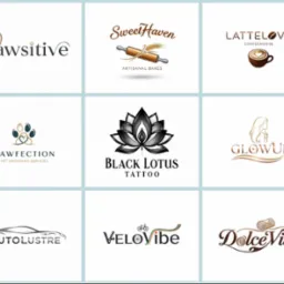 Kompilacja dziewięciu unikalnych, eleganckich logo dla różnych branż, takich jak: usługi dla zwierząt, piekarnia, kawiarnia, salon kosmetyczny, studio tatuażu, motoryzacja i turystyka.