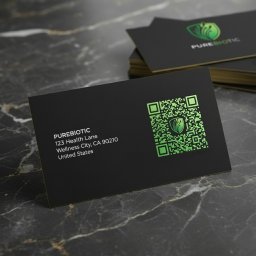 LCHGraphics - Czarna wizytówka z zielonym kodem QR i logo Purebiotic na marmurowym tle. Elegancki design, adres firmy i minimalistyczny styl.