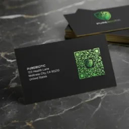 Czarna wizytówka z zielonym kodem QR i logo Purebiotic na marmurowym tle. Elegancki design, adres firmy i minimalistyczny styl.