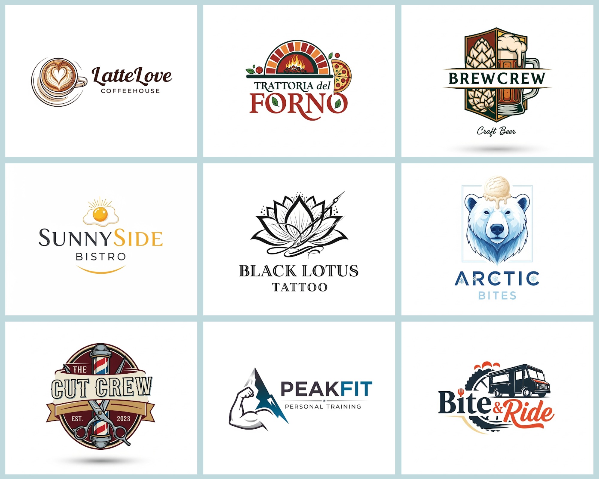 Zestaw dziewięciu różnorodnych, kolorowych logo firm z różnych branż, od kawiarni i restauracji po tatuaże i personalny trening. Każde logo ma unikalny styl i motyw.