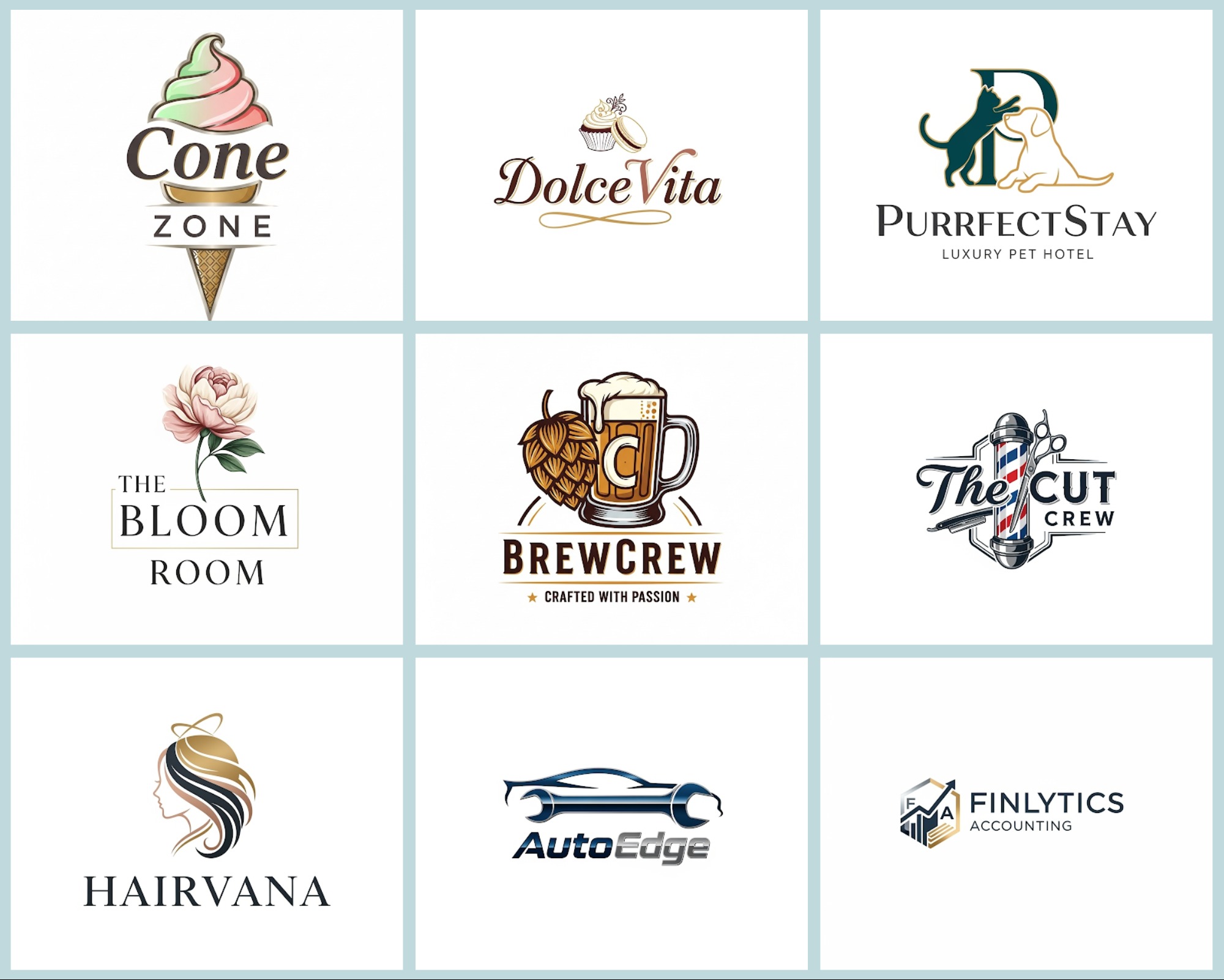 Zestaw dziewięciu różnorodnych logotypów firm z Ruda Śląska, prezentujących różne branże: od lodziarni po usługi księgowe. Każdy logotyp ma unikalny styl i kolorystykę.